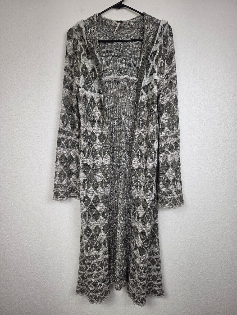 Free People Large Hooded Long Checkered Cardigan Sweater